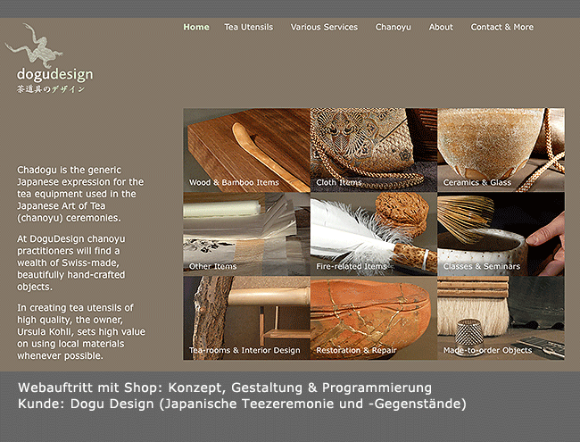 Webauftritt mit Shop für Gegenstäde der japanischen Teezeremonie sowie Teeraumbau und Unterricht: Eingangsseite